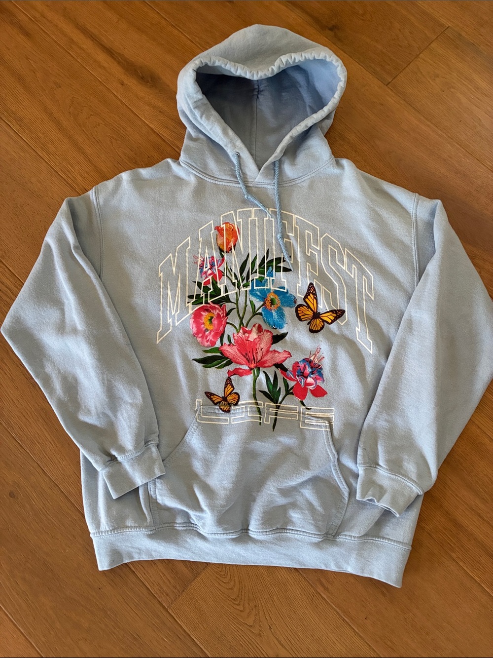 PacSun Light Blue Floral Graphic Hoodie with Butterflies